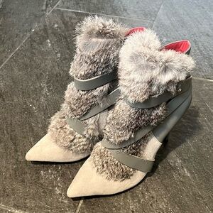 Charles Jourdan Taupe and Gray Fur Heeled Boots